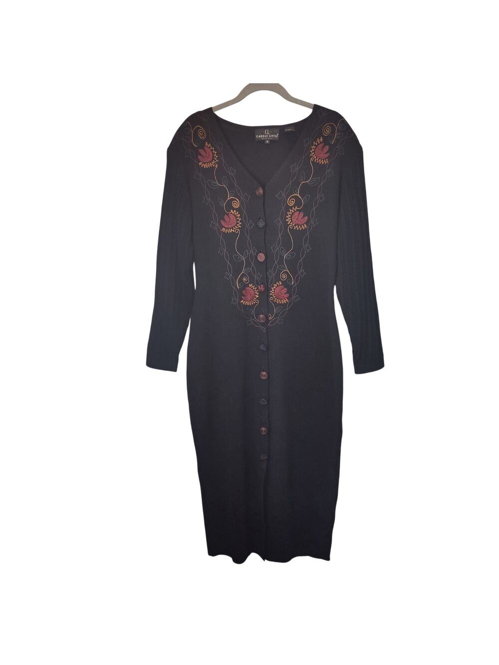 VTG Carol Little Sz M Embroidered Sweater Dress Maxi Midi Button Up Art to Wear
